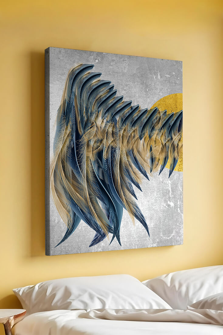 Arte abstracto de plumas con detalles dorados sobre fondo texturizado