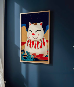 Japanese Lucky Cat with Fish Design in a Surreal Landscape