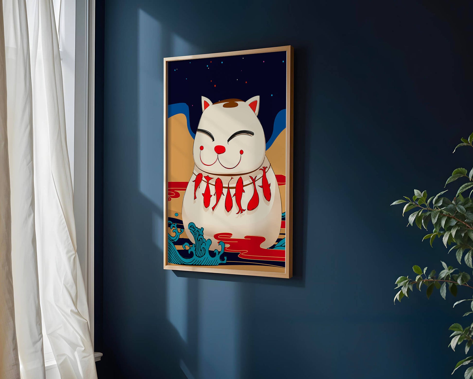 Japanese Lucky Cat with Fish Design in a Surreal Landscape