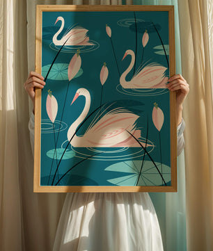 Serene illustration of swans gracefully gliding on a pond with lily pads