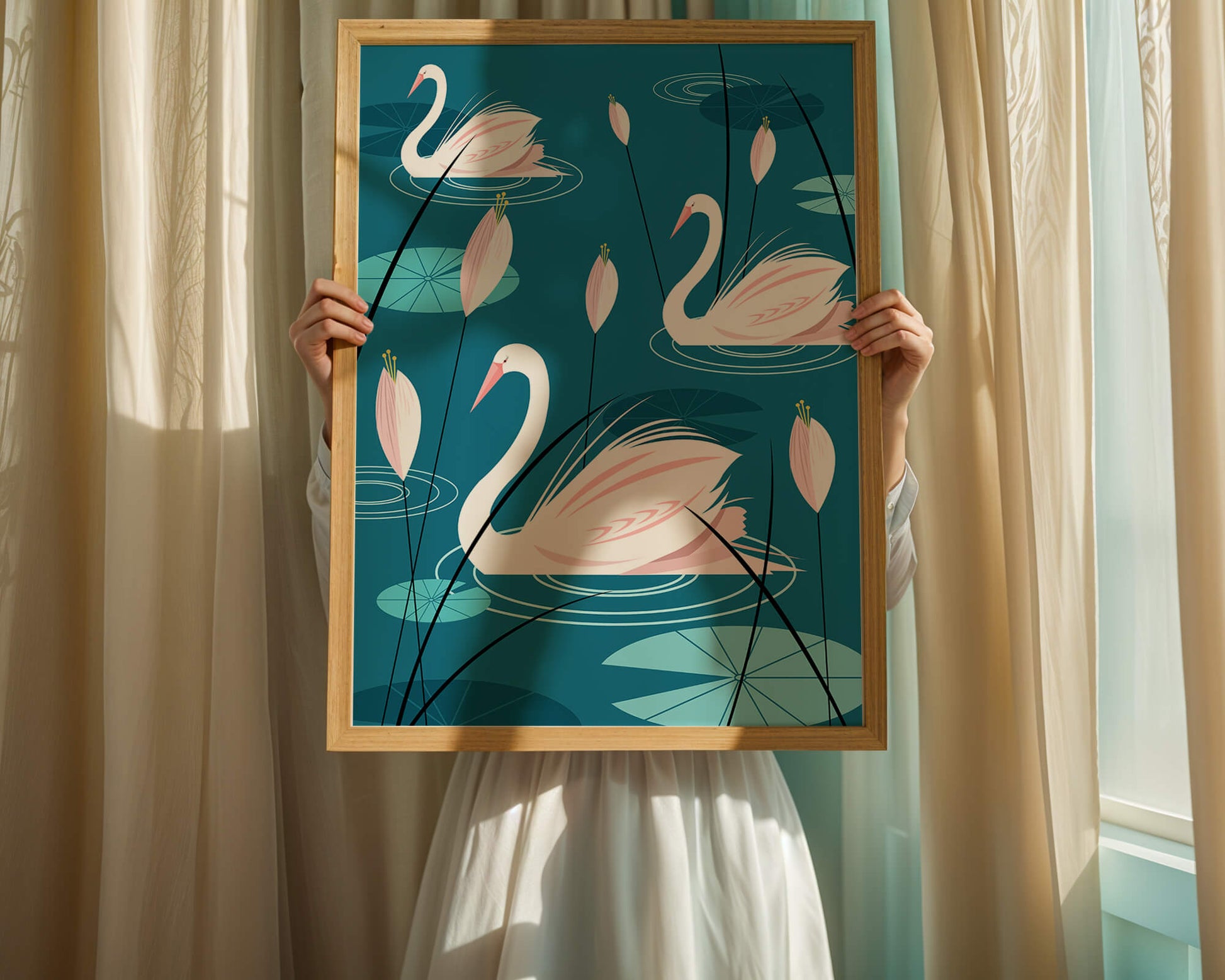 Serene illustration of swans gracefully gliding on a pond with lily pads