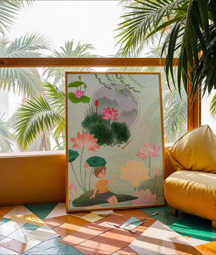 Serene illustration of a child in a lotus garden with vibrant flora