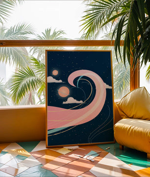 Cosmic Waves and Planets with Whimsical Pink Swirls and Stars - Mi tienda