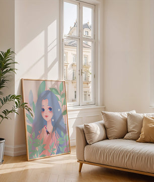 Illustration of a blue-haired girl surrounded by greenery