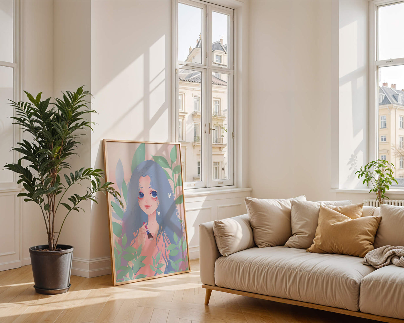 Illustration of a blue-haired girl surrounded by greenery