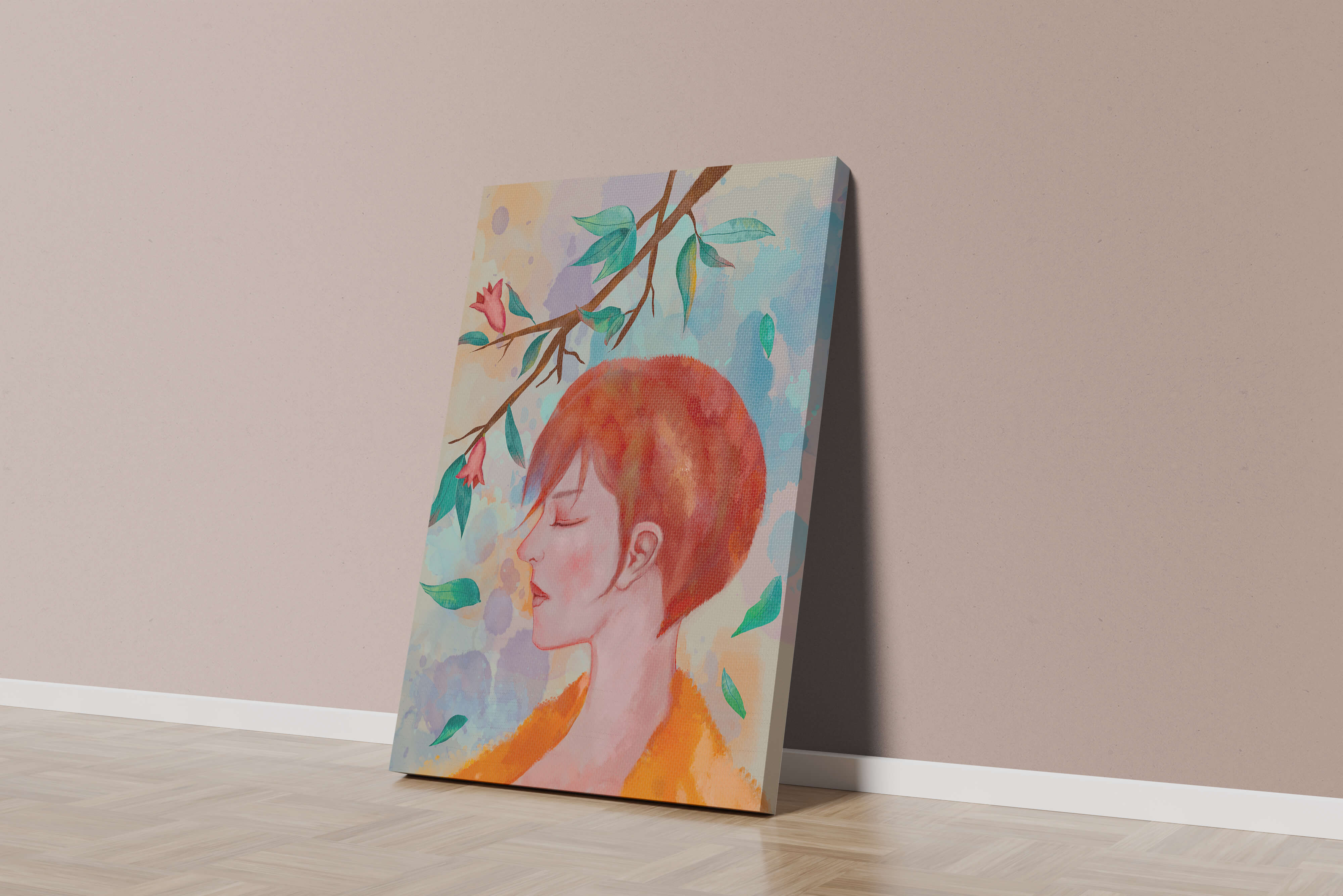 Illustrative artwork of a woman with red hair and floral branch