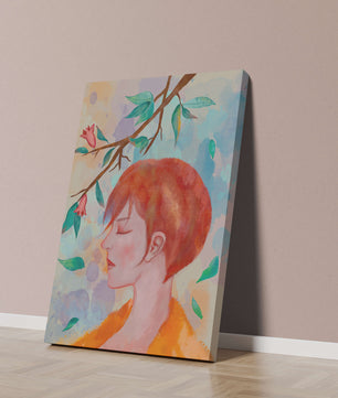 Illustrative artwork of a woman with red hair and floral branch