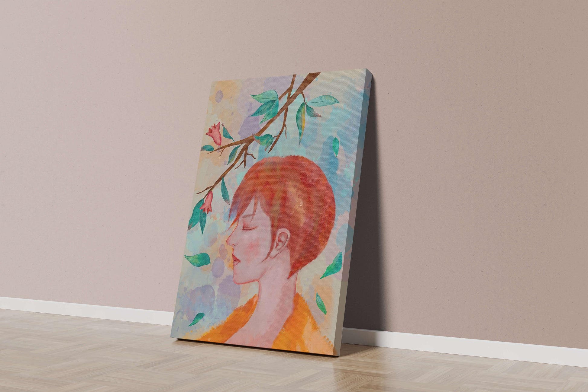 Illustrative artwork of a woman with red hair and floral branch