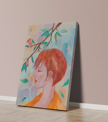 Illustrative artwork of a woman with red hair and floral branch
