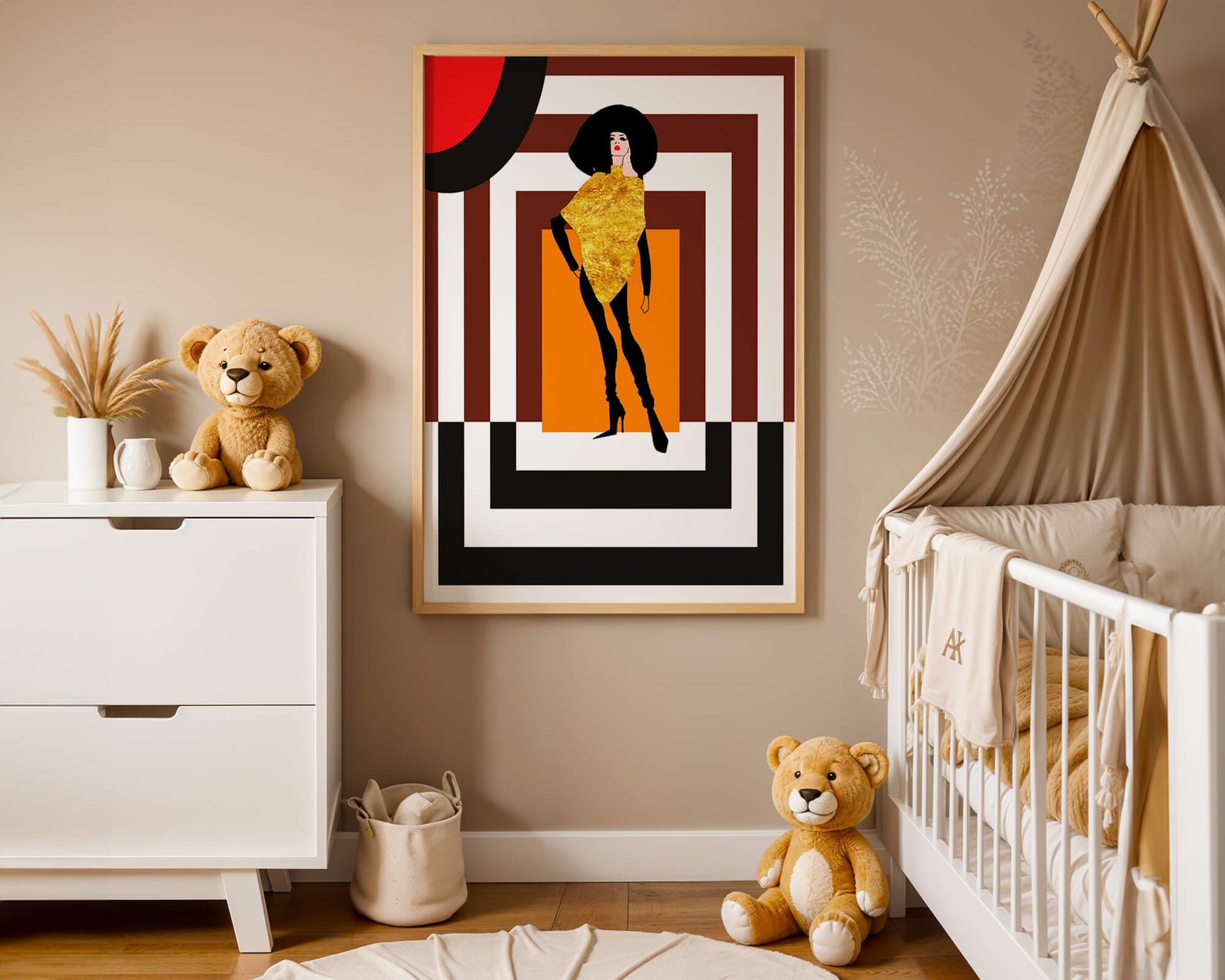 Fashion Illustration with Figure in Gold and Geometric Background
