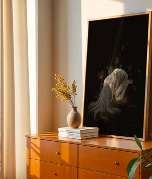 Abstract depiction of a figure surrounded by floral elements