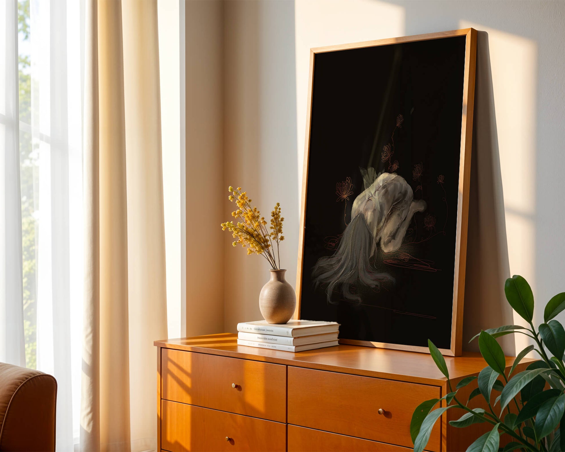 Abstract depiction of a figure surrounded by floral elements