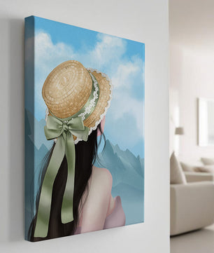 Woman with straw hat and mountain view under blue sky
