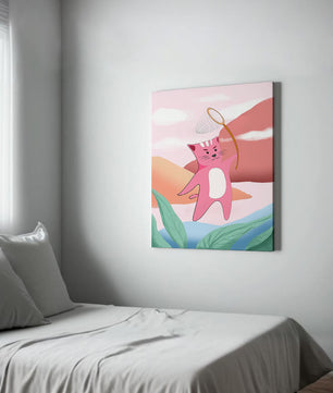 Pink Cat Holding Net in Whimsical Landscape