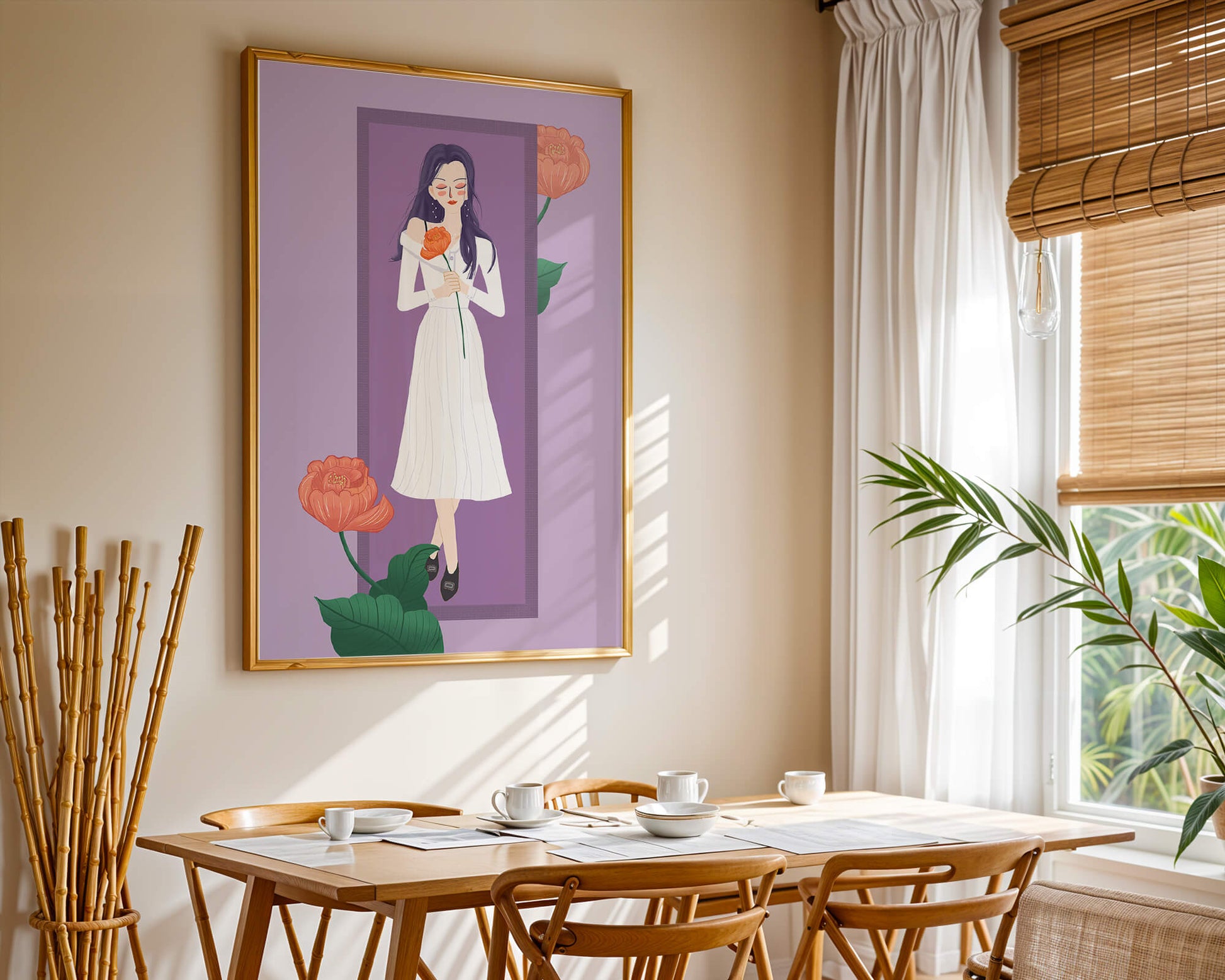 Illustration of a woman holding a flower in a serene pose