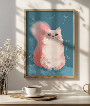 Whimsical Cat Illustration with Dandelions on Blue Background - Mi tienda