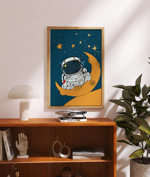 Charming Astronaut Sitting on a Crescent Moon with Stars in Space - Mi tienda