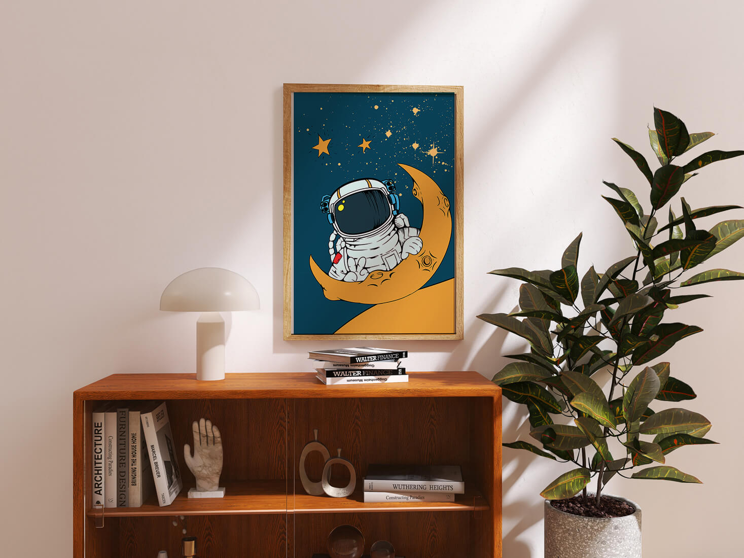Charming Astronaut Sitting on a Crescent Moon with Stars in Space - Mi tienda