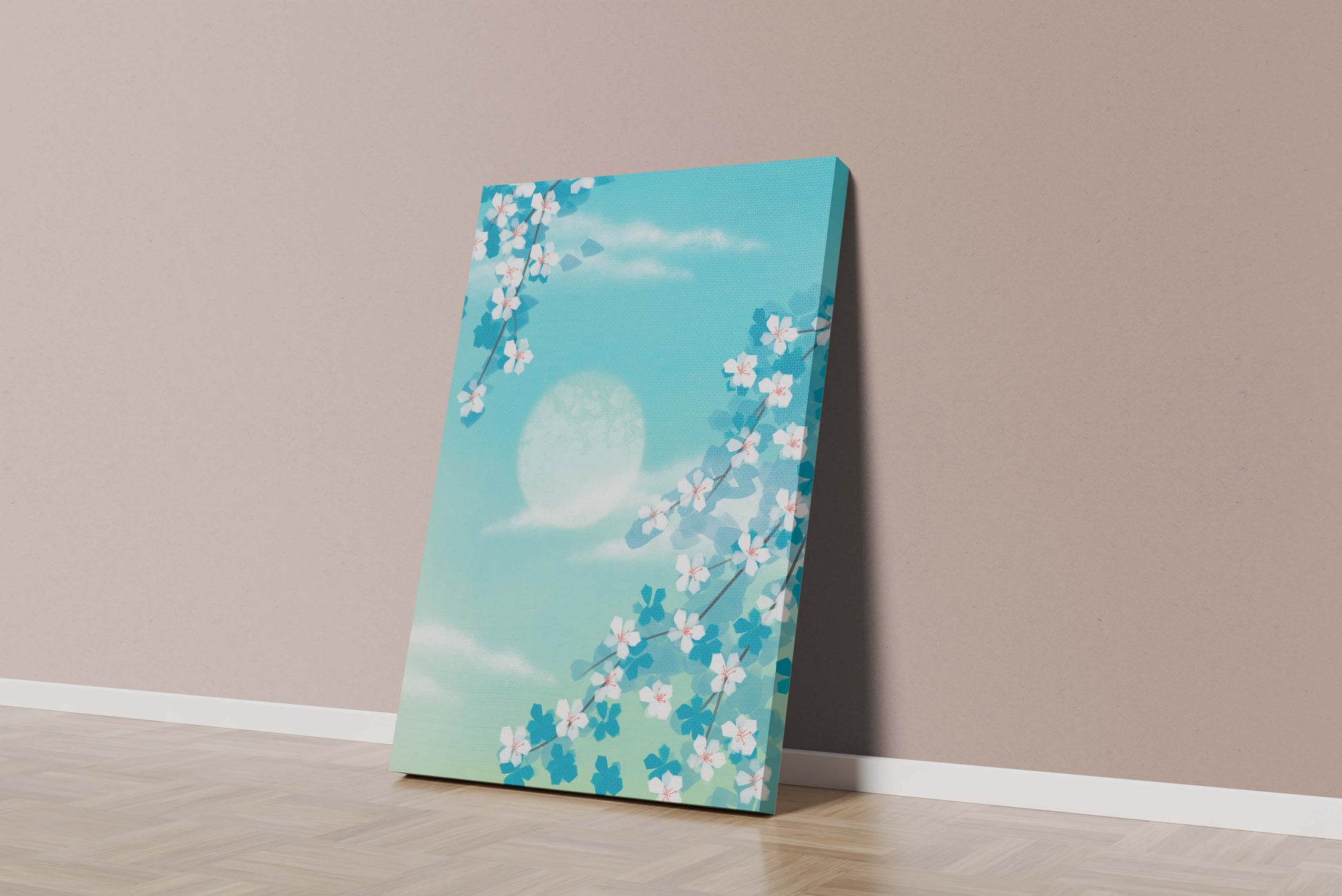 Serene spring blossoms against a pastel sky with gentle sunlight