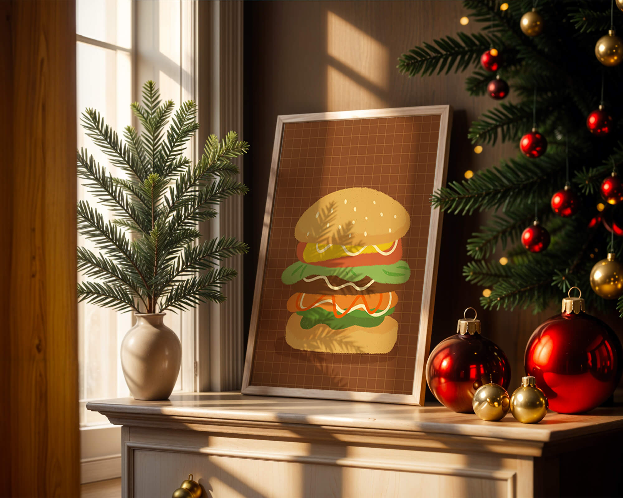 Illustrated cheeseburger with colorful layers on a grid background