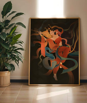 Elegant depiction of a goddess playing a lute with flowing ribbons