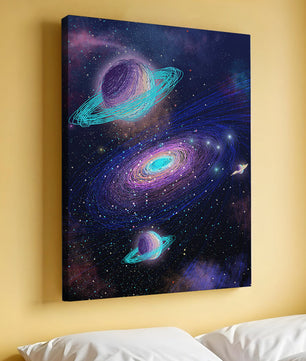 Colorful space illustration with planets and galaxy
