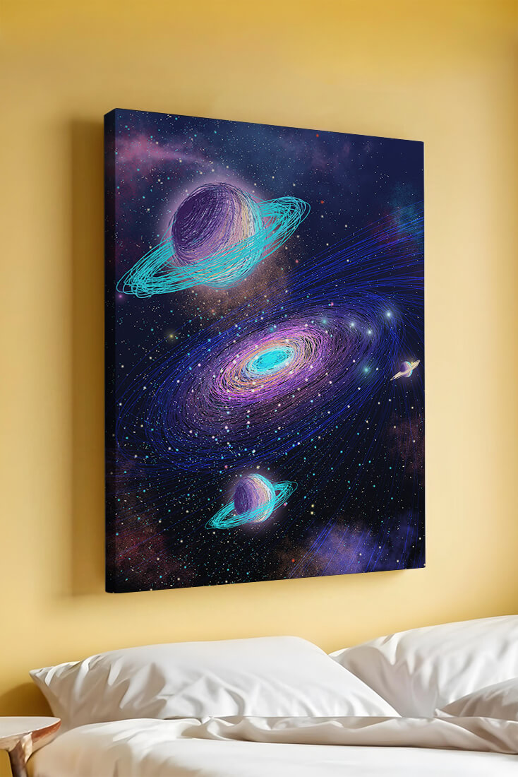 Colorful space illustration with planets and galaxy