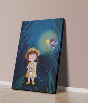 Ilustración de una chica en un bosque con una luciérnaga mágica por la noche