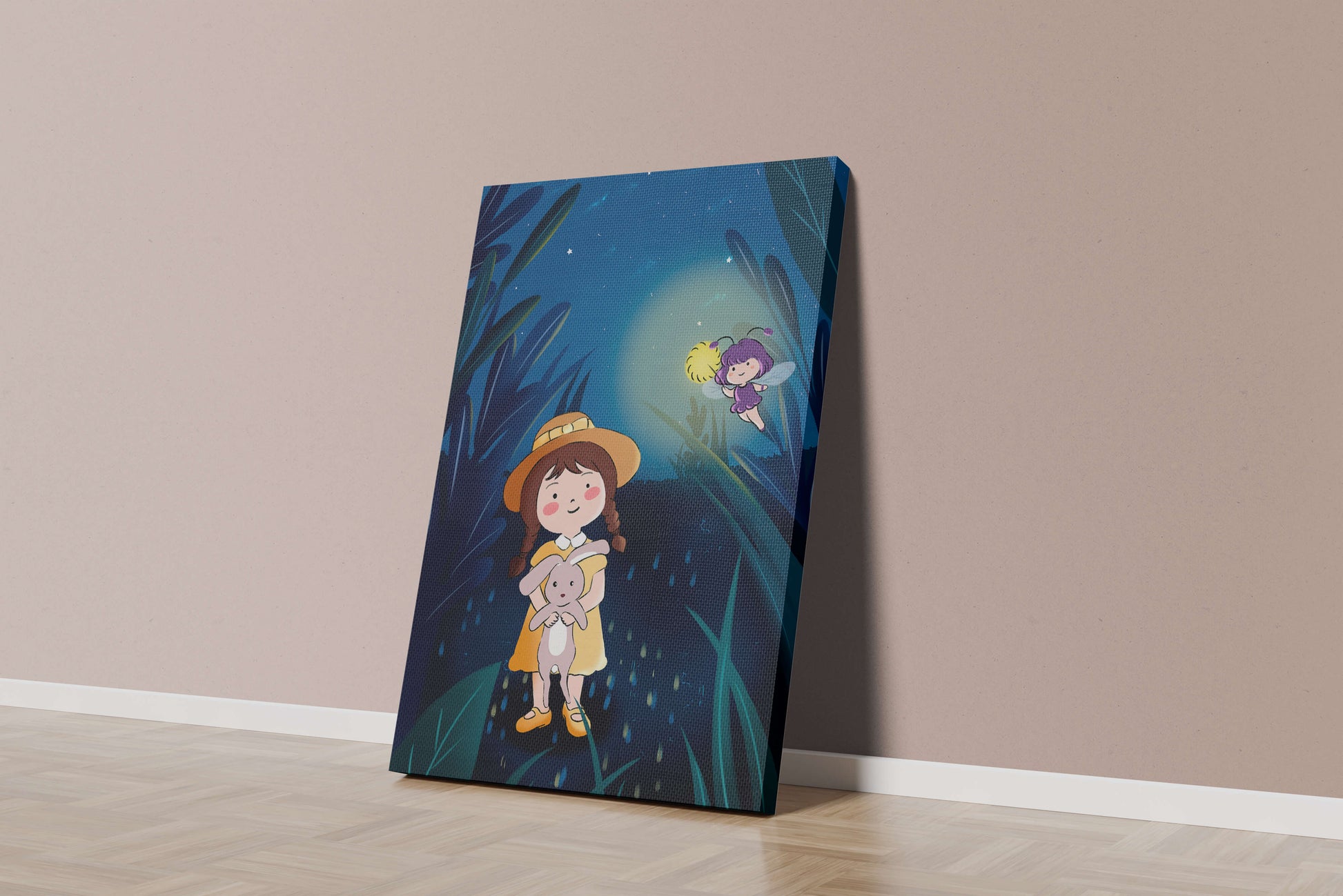 Ilustración de una chica en un bosque con una luciérnaga mágica por la noche