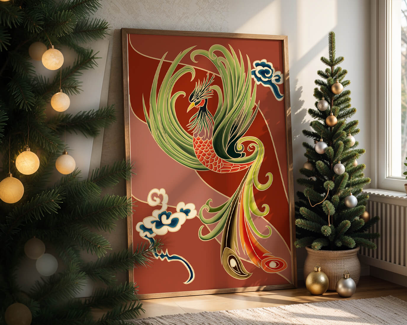 Stylized phoenix illustration with vibrant colors and clouds