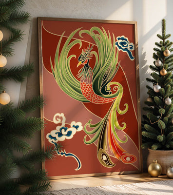 Stylized phoenix illustration with vibrant colors and clouds