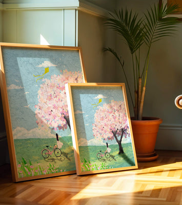 Springtime scene with cherry blossom and girl with bicycle