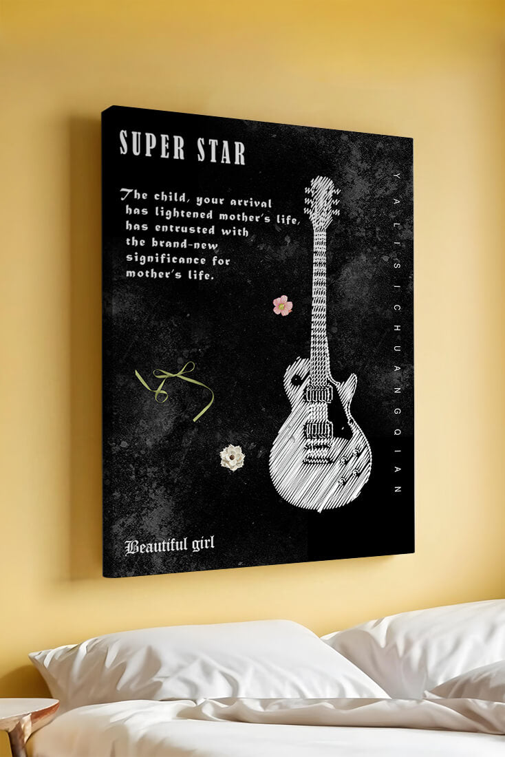 Artistic black and white guitar illustration with heartfelt text
