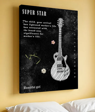 Ilustración de guitarra en blanco y negro artística con texto conmovedor