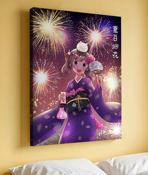 Girl in Yukata Celebrating Fireworks Festival with Cat and Fan