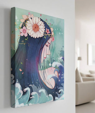 Illustration of a serene woman with floral crown and ocean waves
