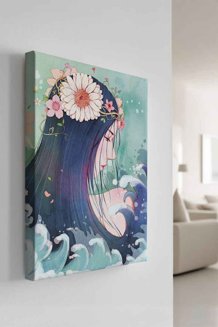 Illustration of a serene woman with floral crown and ocean waves