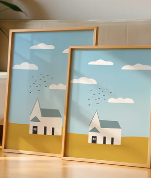 Paisaje minimalista con una casa blanca y cielo