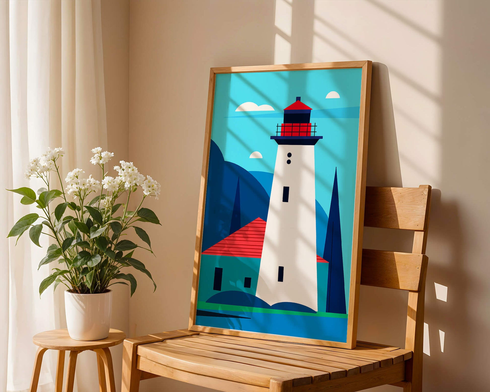 Modern illustration of a lighthouse with vibrant colors