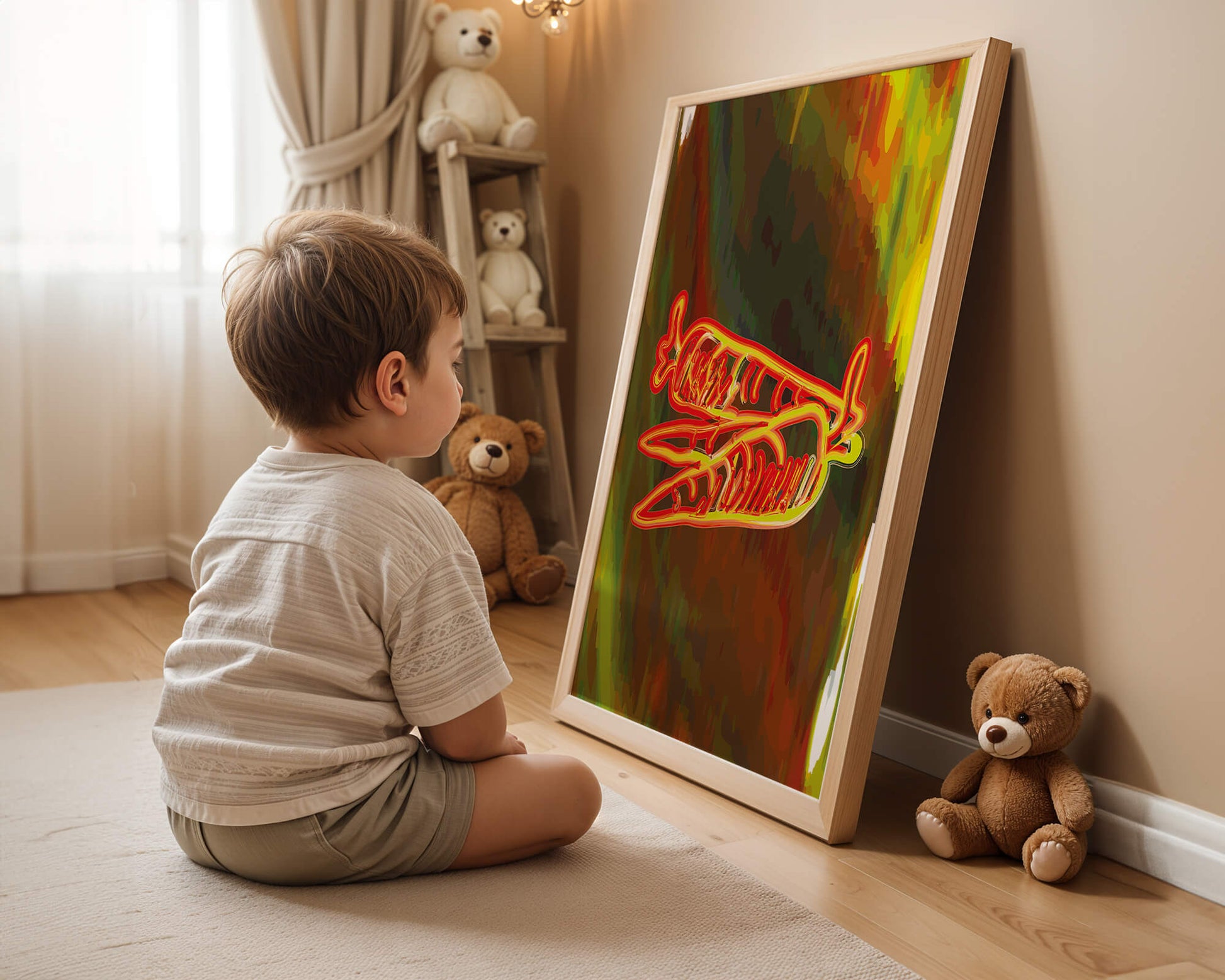 Abstract art featuring neon carrots on a colorful background