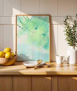Serene Spring Scene with Birds and Leaves on a Light Blue Background