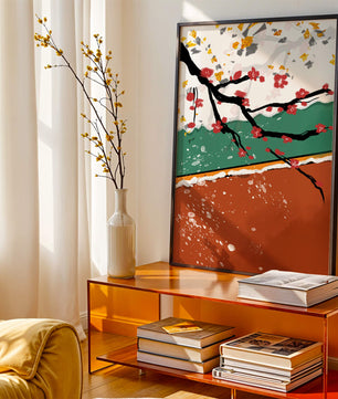 Artistic depiction of blossom branches with gold elements and abstract background