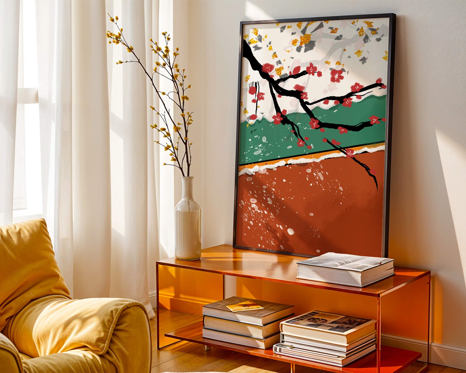 Artistic depiction of blossom branches with gold elements and abstract background