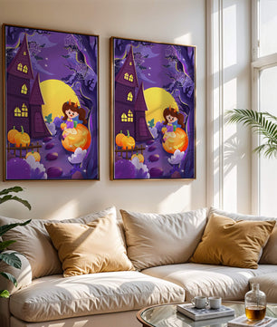 Charming Halloween scene with a girl on a pumpkin near a haunted house