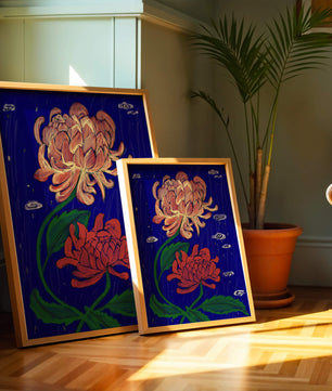 Colorful chrysanthemum illustration on dark blue background