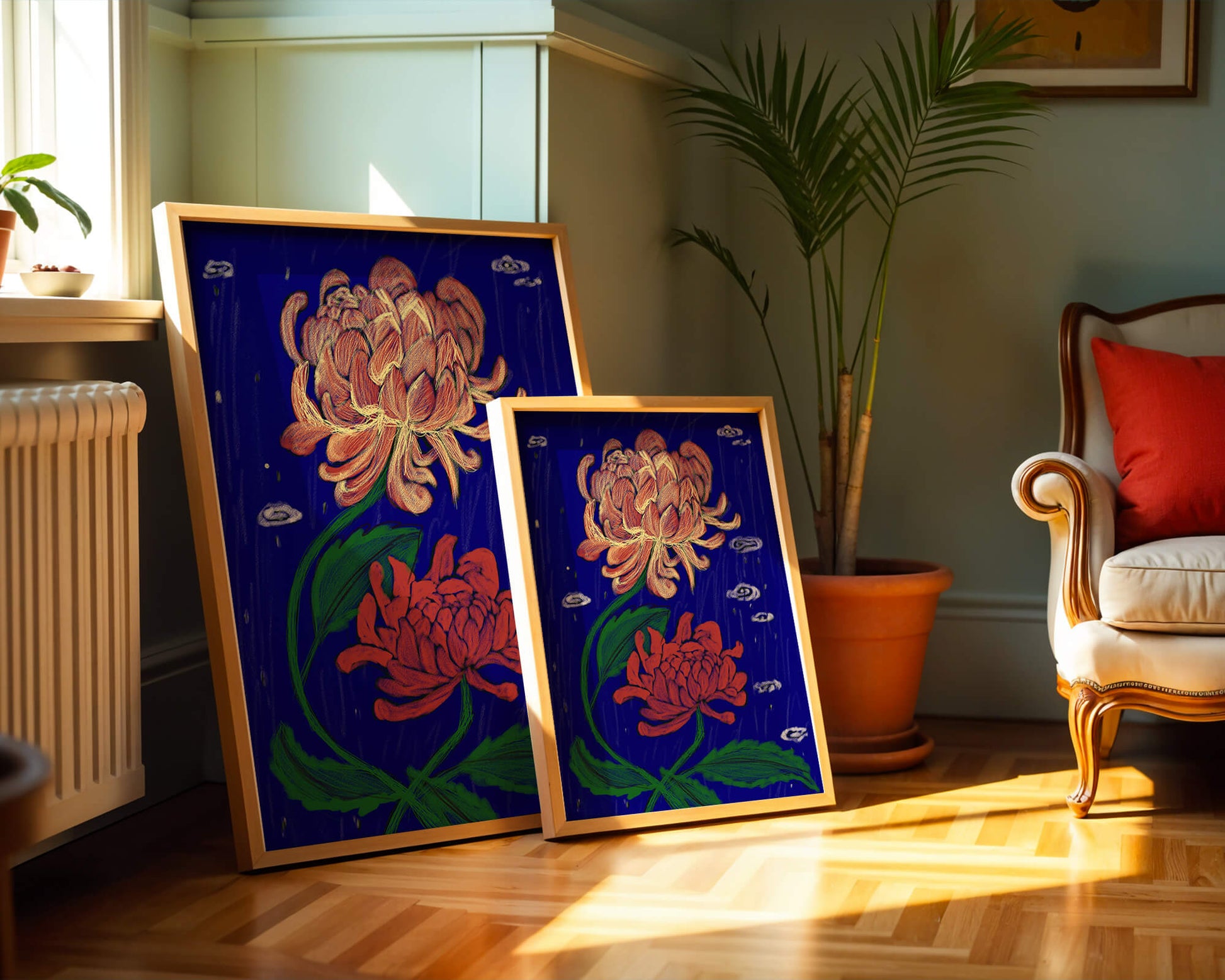 Colorful chrysanthemum illustration on dark blue background