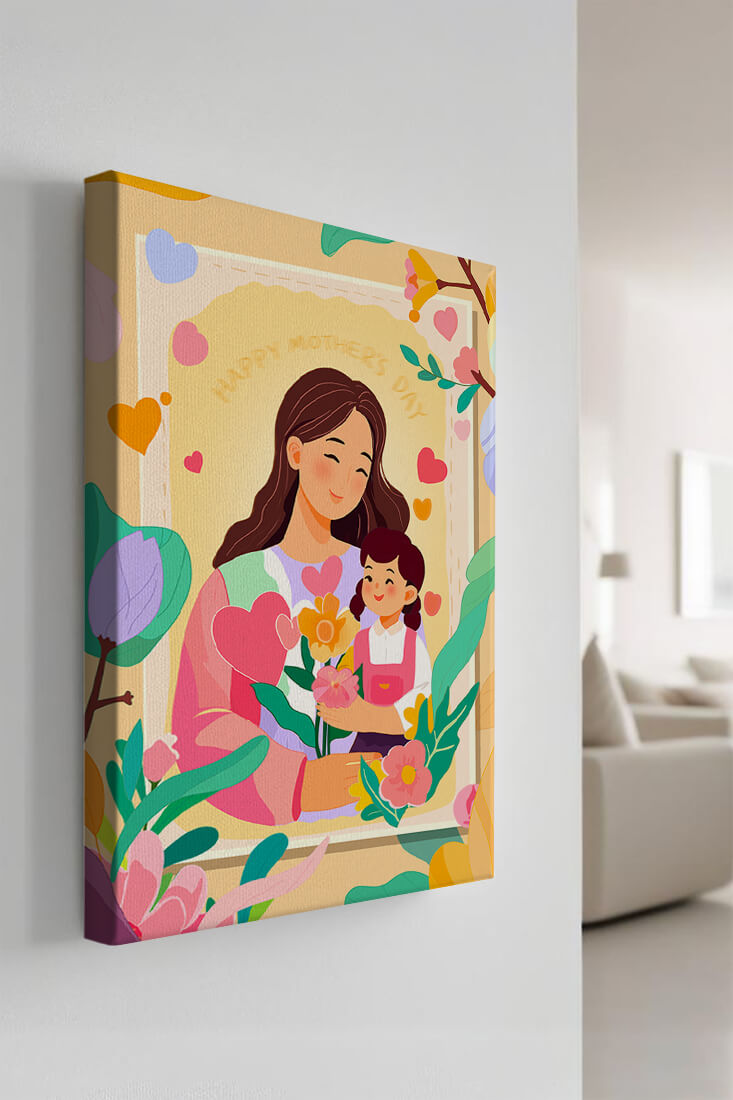 Illustration of mother and daughter with flowers for Mother's Day