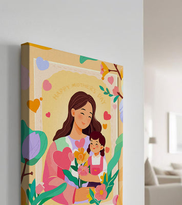 Illustration of mother and daughter with flowers for Mother's Day