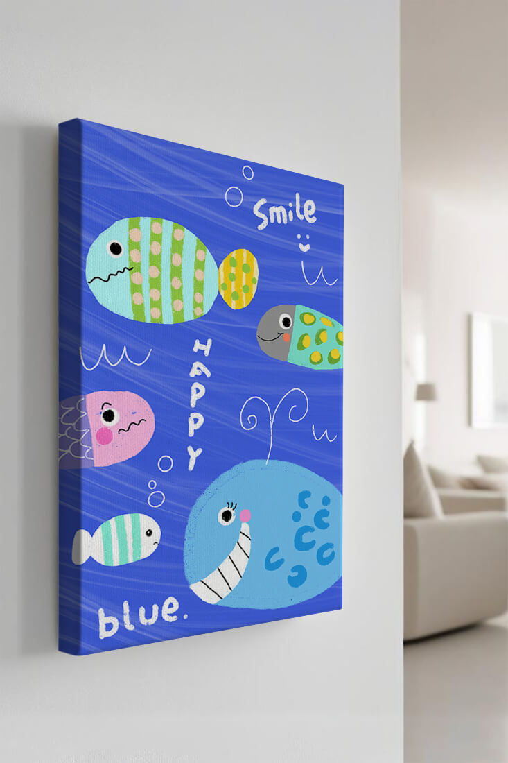 Colorful underwater scene with smiling cartoon fish