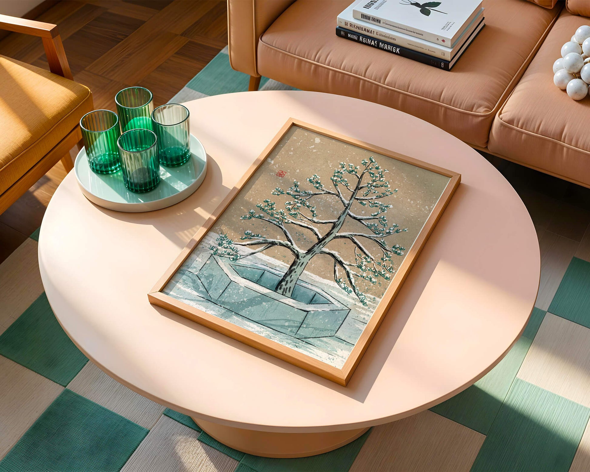 Paisaje invernal con ilustración de árbol bonsái cubierto de nieve